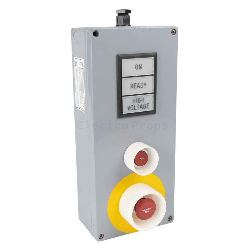 Grey, dangerous looking, industrial emergency red start/stop buttons with high voltage warning lamps