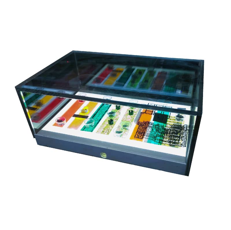 SciFi looking illuminated light box with bottom lit drawer and technical looking components 