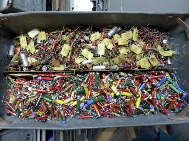 Unused vintage electronic components, dog bone & carbon composition resistors, capacitors, coils etc