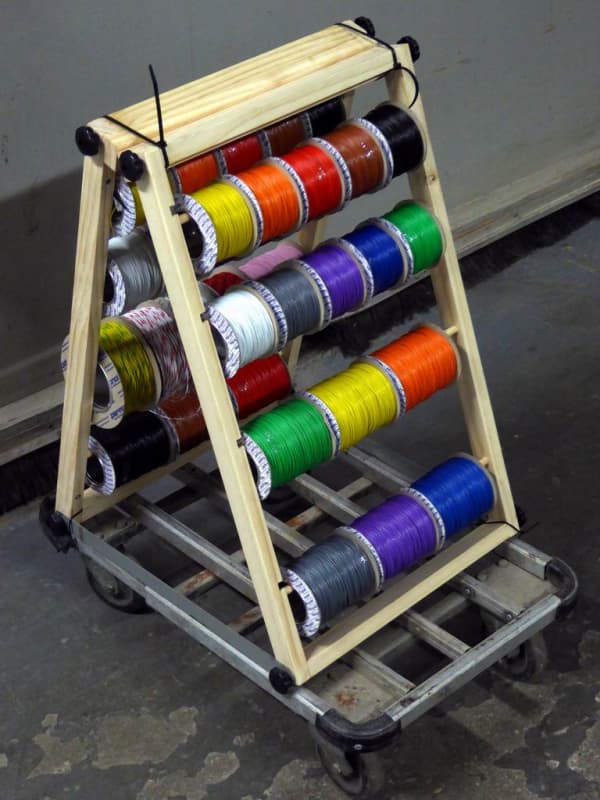 Workshop wire/cable spool/reel organiser on trolley