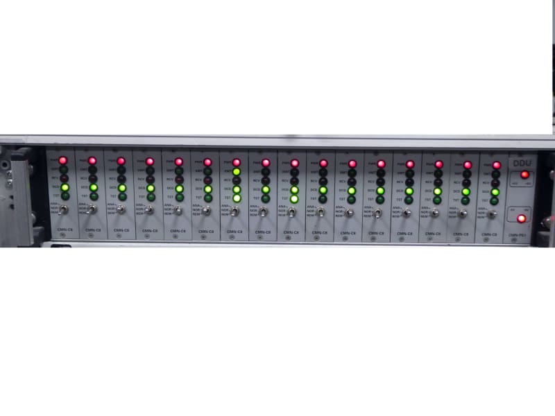 Mutliple rack mounted modems with twinkly green & red Leds