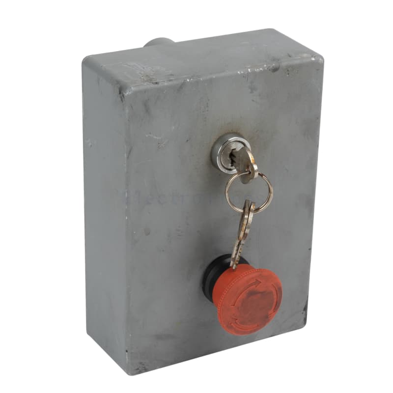 Grey industrial box with red emergency stop button & key lock switch