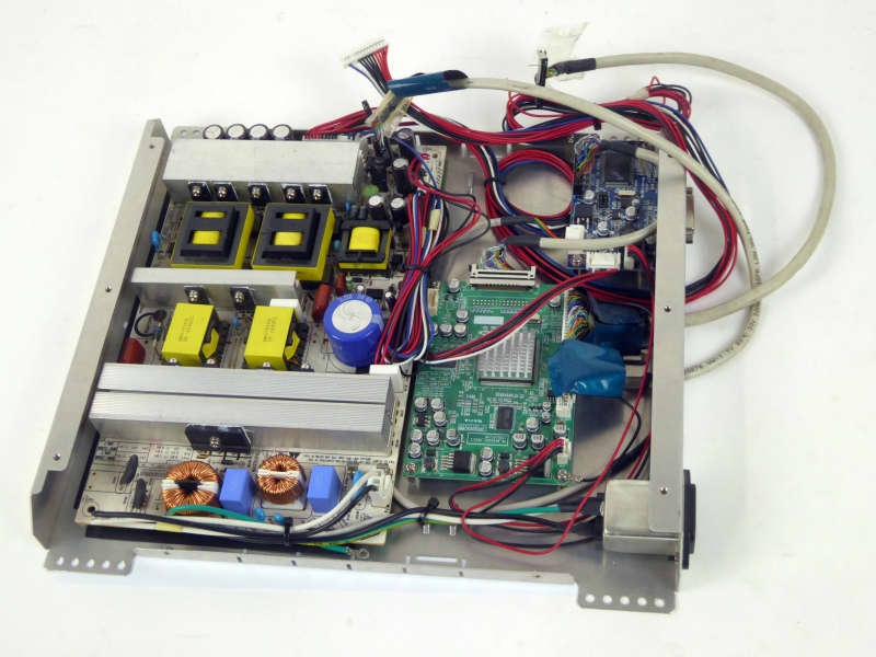 Flat screen monitor electronics chassis with coloured components & wiring