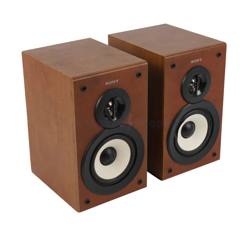 Modern small Sony bookshelf speakers with open fronts & exposed cones