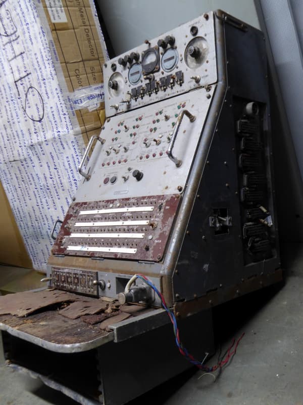 Cold war era control console with analogue meter, multiple switches & patch panel