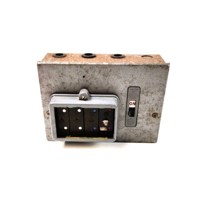 Vintage Steel Fuse Box With Switch & visible fuse carriers