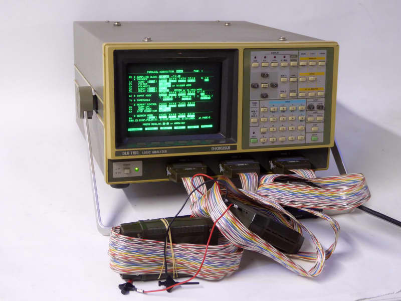 Practical Kikusui logic analyser, with technical numbers screen, rainbow cabled pods