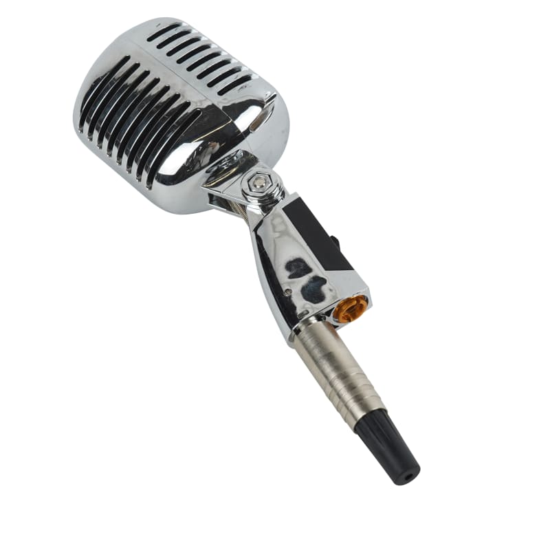 Classic/retro look rounded rectangular ribbon/condenser/capacitor microphone in chrome finish.