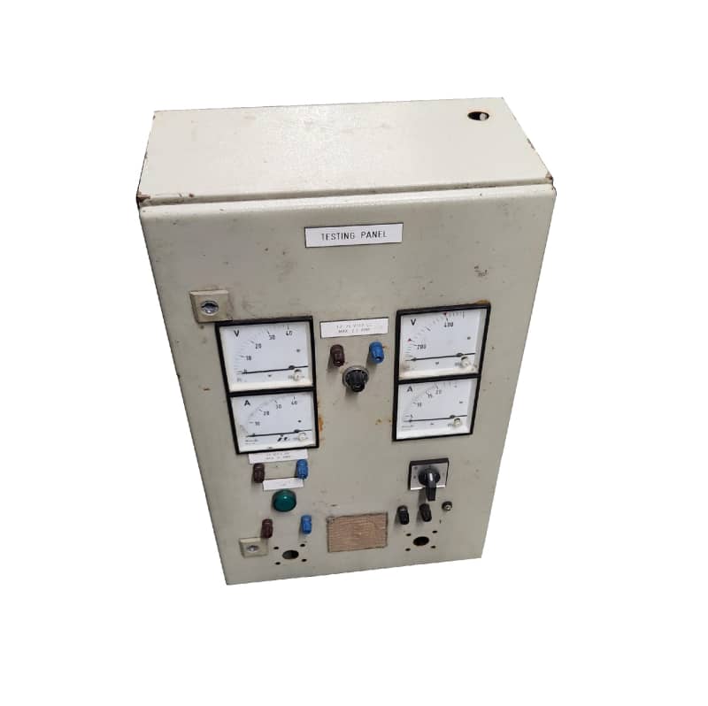 Large electrical box with 4 analogue meters, switches, terminals & lamps