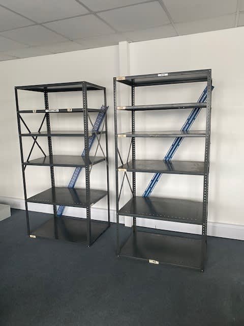 Grey metal industrial shelving rack