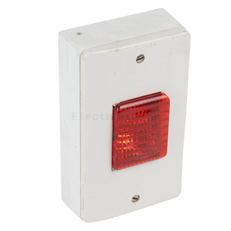 Large square red indicator light on white patress box