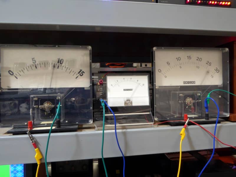 Practical large Perspex laboratory demonstration electrical meters with moving needles