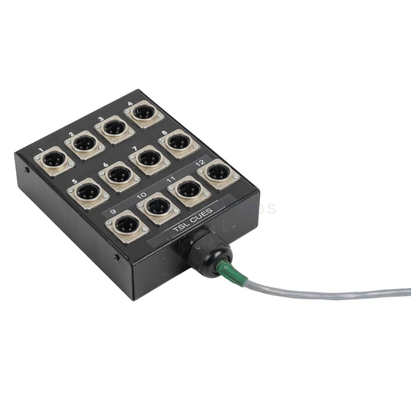 Round silver XLR connectors in black metal boxes