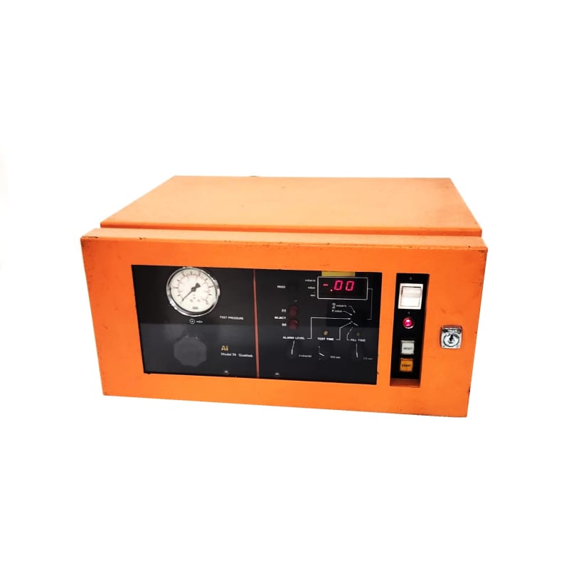 Laboratory Air Pressure Tester In Orange Metal Cabinet