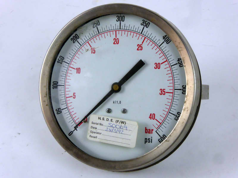 Circular silver pressure gauge with twin red & black calibrated scales