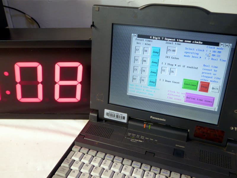 Practical 4 digit time-zone clocks set + laptop controller, easily GROUP cueable & resettable. READ DESCRIPTION