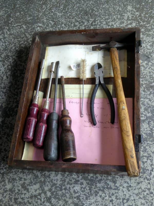 Period wooden handled electronics tools in wooden tray & papers