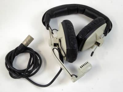 Chunky black & white period headset with adjustable stalk microphone