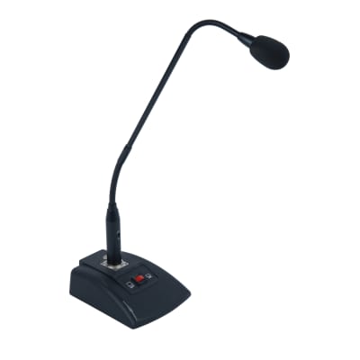 Slender bendy/goose neck microphone on black desktop stand with red PTT switch