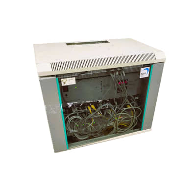 Practical glass-fronted network communications cabinet with twinkling LEDs