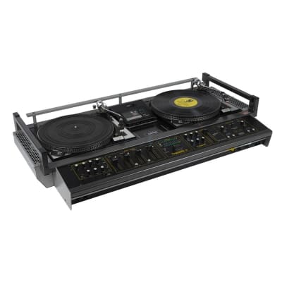 Practical portable period DJ/disco console with twin turntables, LEDs, faders etc