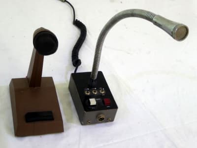 Assorted period desktop microphones with Press To Talk switches