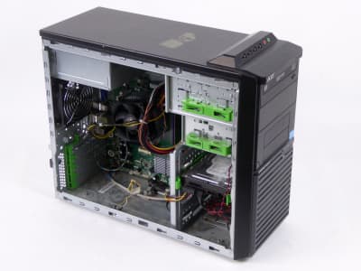 Black desktop tower PC with open visible innards
