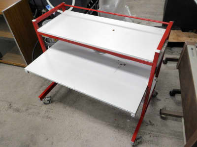 Red & white wheeled shelving trolley unit