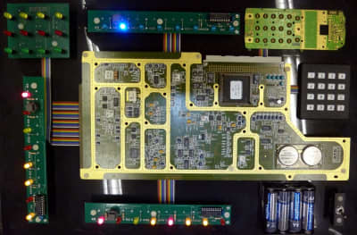 Hi-tech looking mounted practical circuit boards with twinkly LEDs