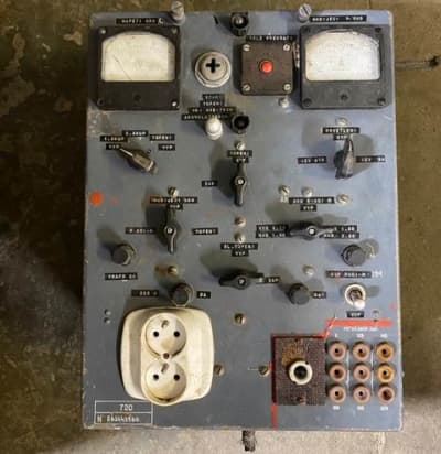 Real world Soviet/Russian cold war era control panel with twin analogue meters & switches