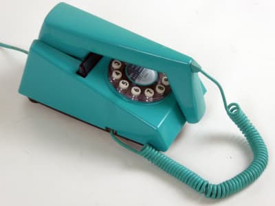 Reproduction 1960s turquoise GPO trimphone with simulated dial