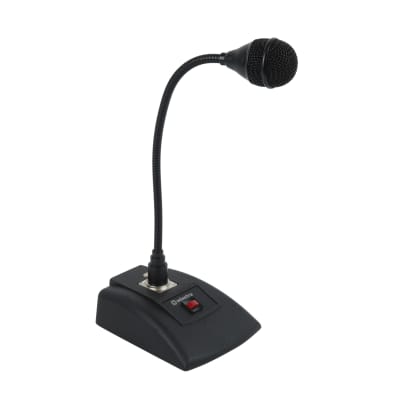 Black ball shaped microphone on bendy/goose neck desktop stand with red PTT switch