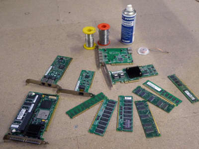 Assorted IT workshop dressing, solder, service aid, memory sticks, daughter boards