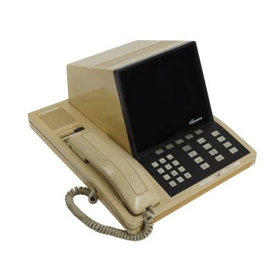 Practical 1980s phone console with CRT screen & pull-out keyboard