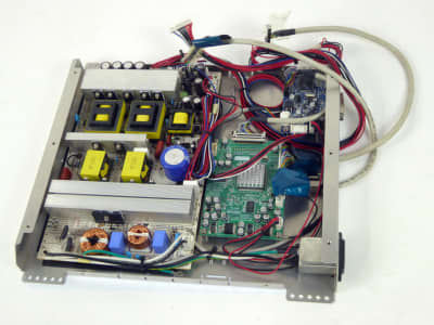 Flat screen monitor electronics chassis with coloured components & wiring