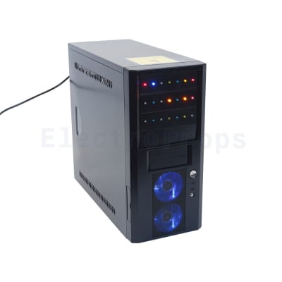 Black tower PC with coloured twinkling LEDs