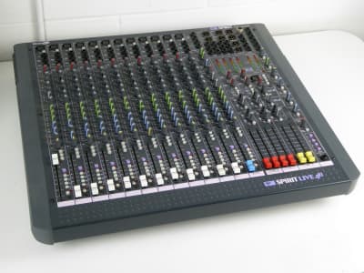 Soundcraft Spirit Live 12+4 channel audio mixer with multiple coloured faders & knobs