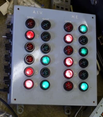 Practical navy electrical box with multiple bold red & green lamps