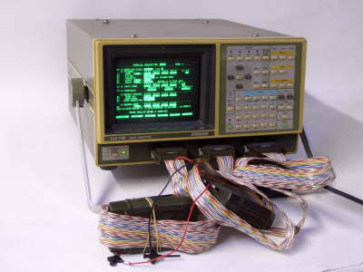 Practical Kikusui logic analyser, with technical numbers screen, rainbow cabled pods