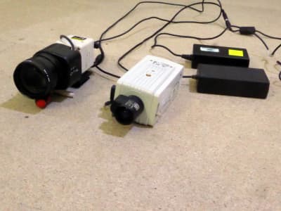 Practical, working interior colour CCTV cameras with external power supplies