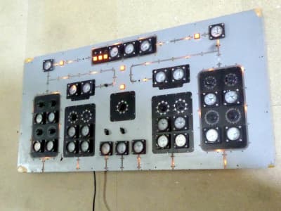 Practical very large battleship grey panel with analogue gauges, switches & animated mimic connecting lines