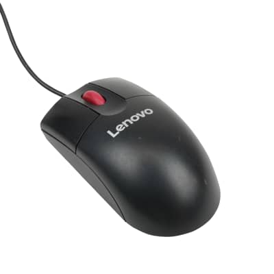 Black Lenovo mouse with red wheel