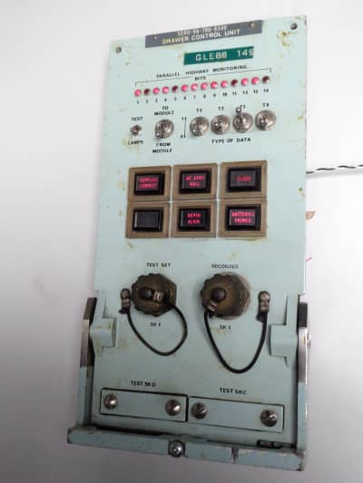 Practical turquoise navy control panel with backlit buttons, line of switches & LEDs