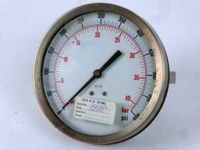 Circular silver pressure gauge with twin red & black calibrated scales