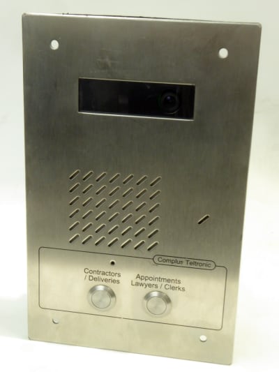 Vandal resistant stainless video door intercom panel with camera, speaker, twin buttons