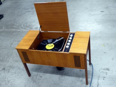 Practical stylish floor standing 1970s hi-fi system in smart wood veneer