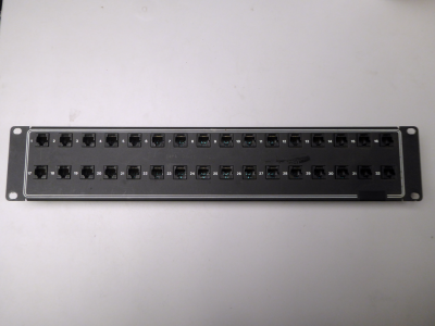 Black twin row ethernet patch panel for server rack mounting