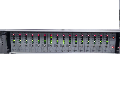 Mutliple rack mounted modems with twinkly green & red Leds