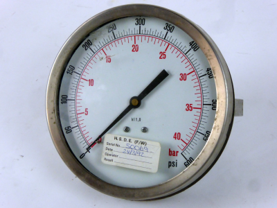 Circular silver pressure gauge with twin red & black calibrated scales