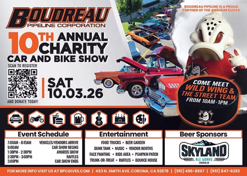 Flyer for Boudreau Pipeline's 10th Annual Charity Car & Bike Show — Saturday, October 3, 2026, 9 AM to 3 PM, 463 N. Smith Ave, Corona, CA
